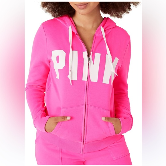 Victoria’s Secret PINK Cropped Zip Hoodie Neon Pink Logo Size M - Picture 2 of 9